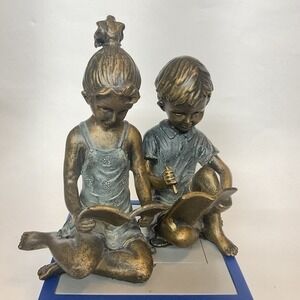 VTG SPI Home Pair of Cast Brass Hand Painted Boy & Girl Sculptural‎ Bookends 7"